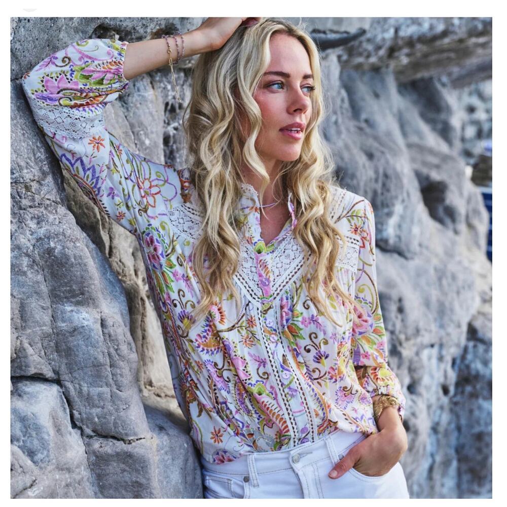 Esqualo Lightweight Long Sleeve Boho Shirt 6 Spring Lace Crochet Peasant Blouse